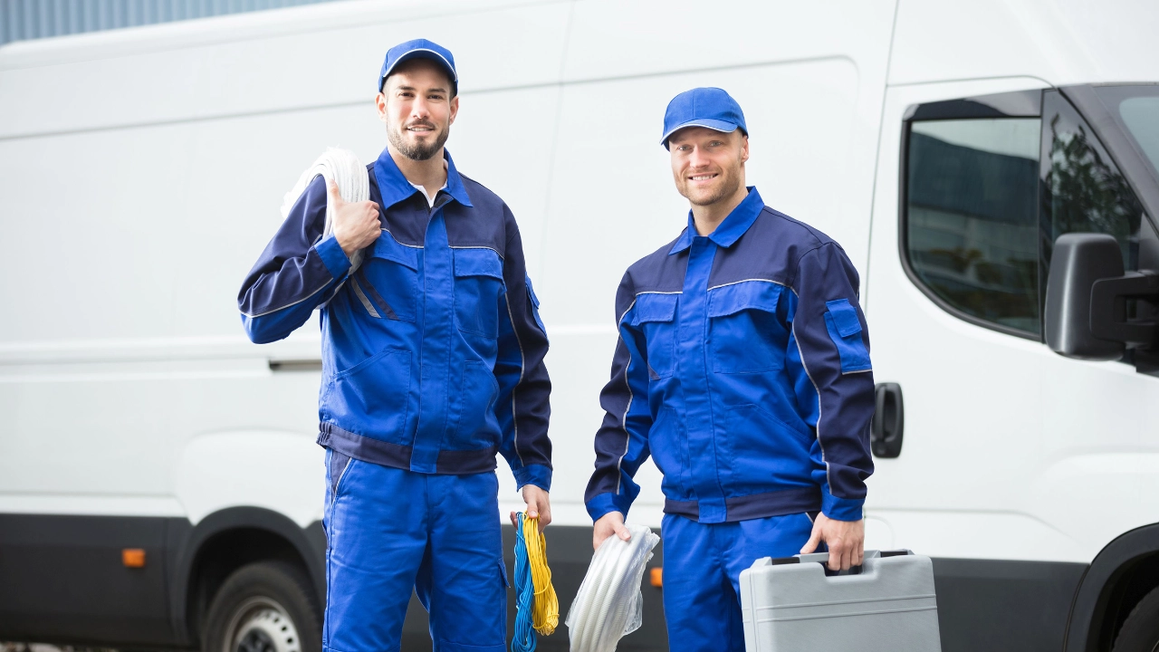 Zwei Techniker mit Kabeln und Werkzeug vor ihrem Lieferwagen