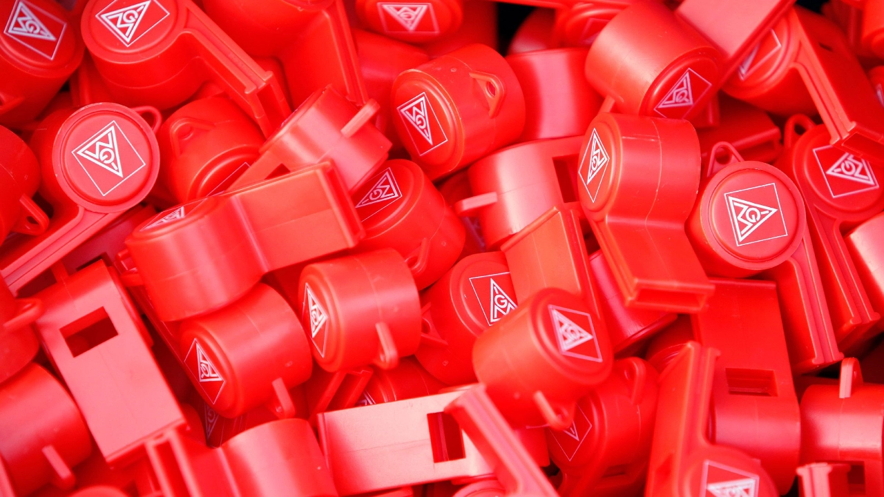 Viele rote Trillerpfeifen mit dem Logo der IG Metall.