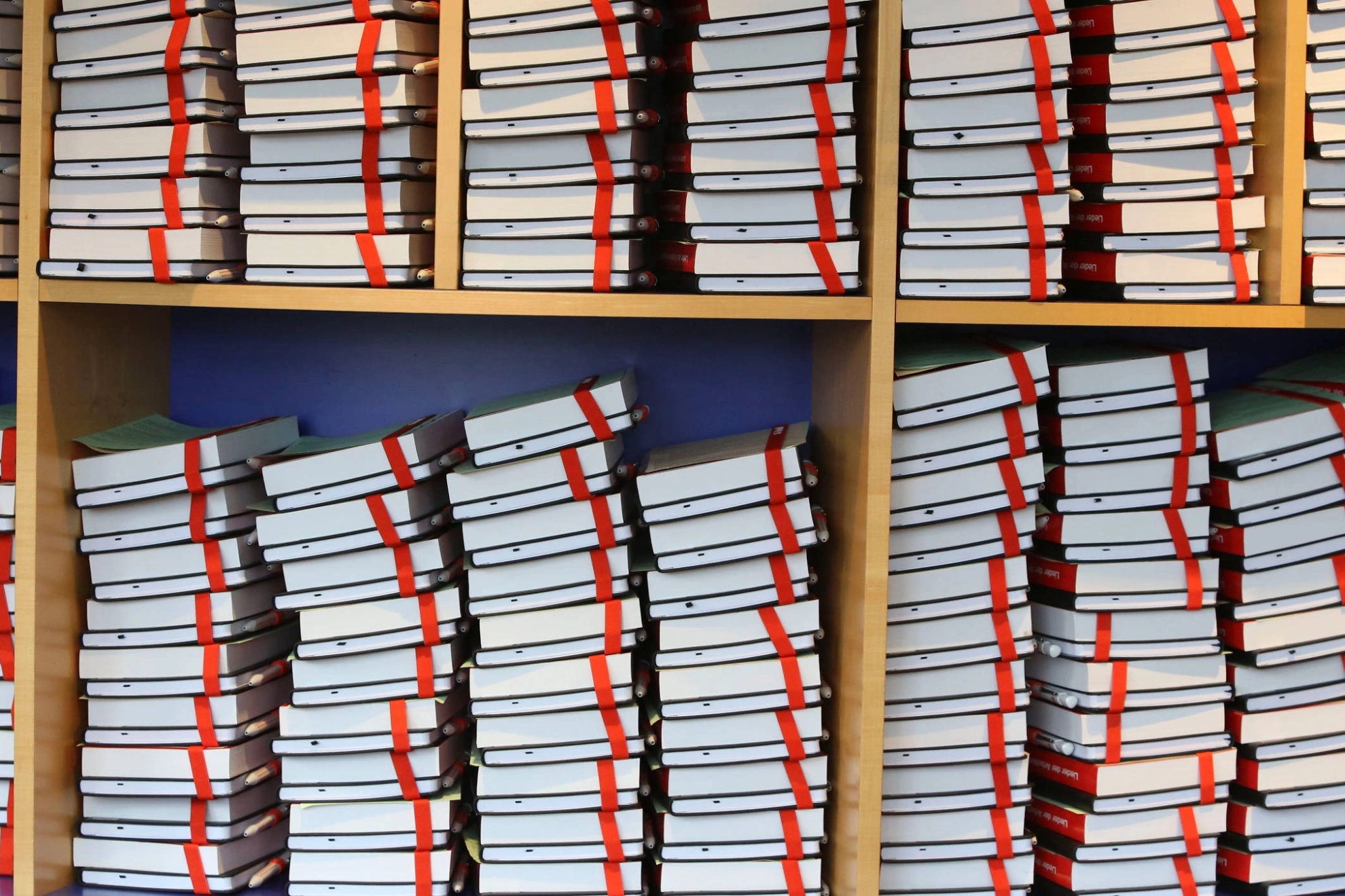 In einem Regal gestapelte Bücher.