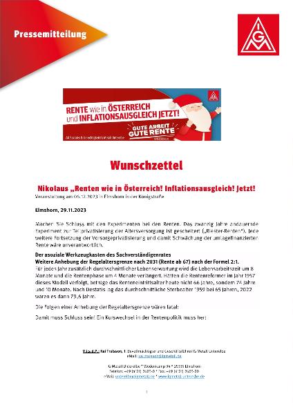 Wunschzettel - Nikolaus „Renten wie in Österreich! Inflationsausgleich! Jetzt!